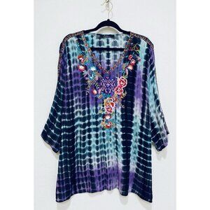 Caleoaa Top Womens 2X Boho Tie Dye Embroidered Tunic Boho Hippie Artsy Festival